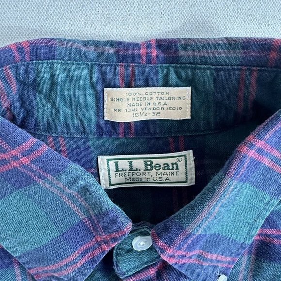 Vintage L.L. Bean Mens Shirt Adult 15.5 / 32 Button Down Plaid Green Made In USA - Picture 6 of 9